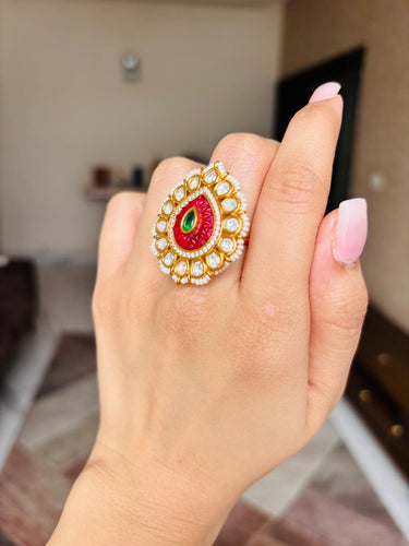 Kundan Pearl Red Ring